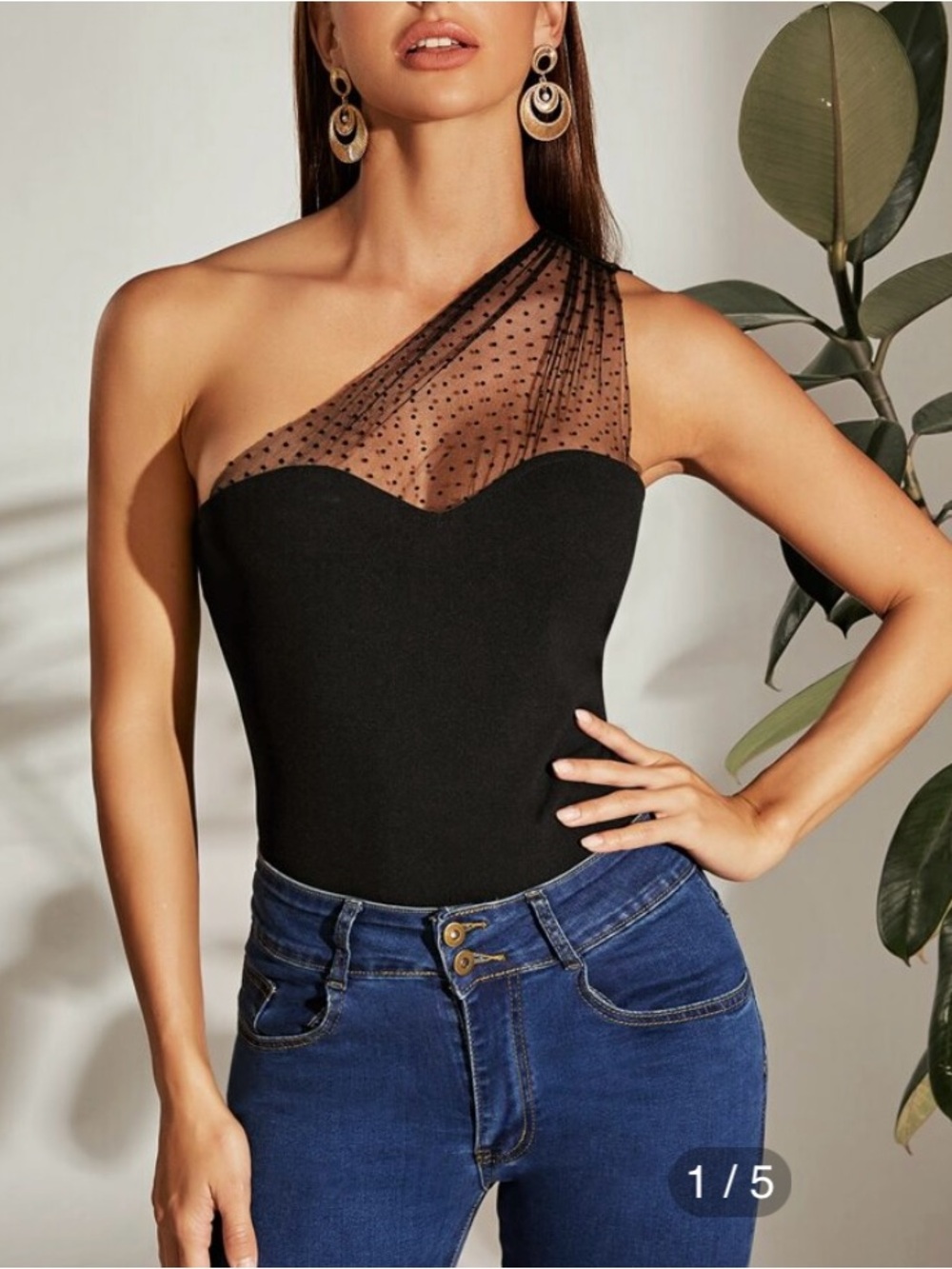 NWOT SHEIN One Shoulder Black Mesh Dot Top